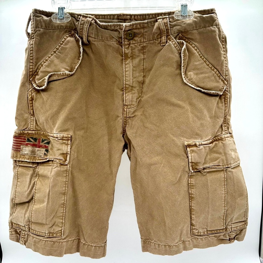 Denim & Supply Ralph Lauren Men 32 Flag Patch Cargo Shorts Tan Distressed Vtg